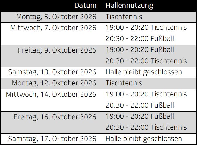 Hallennutzung Herbstferien 2026